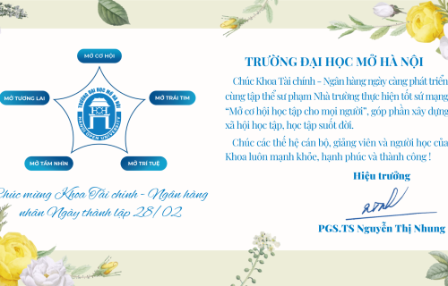 Thư chúc mừng của Hiệu trưởng Trường Đại học Mở Hà Nội nhân dịp kỷ niệm 18 năm thành lập Khoa Tài chính – Ngân hàng